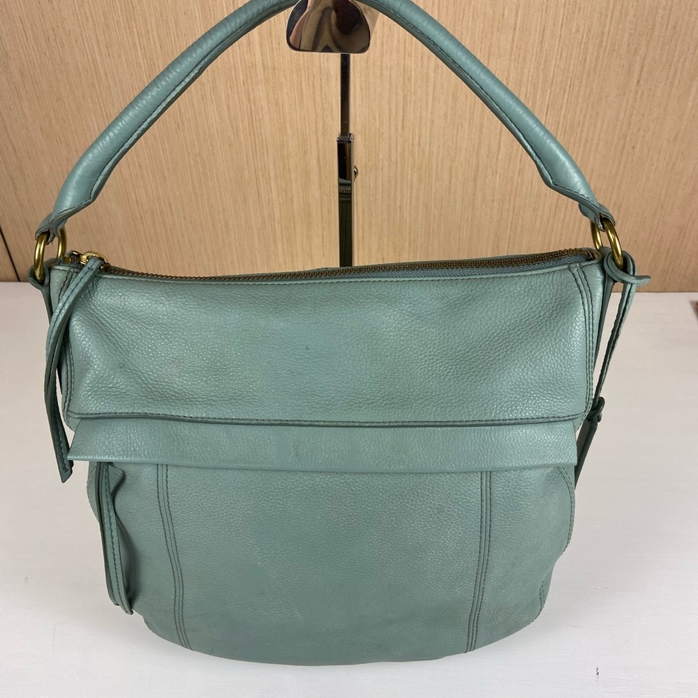 Fossil Sage Green Pebbled Leather Hobo Shoulder Bag Zip Top